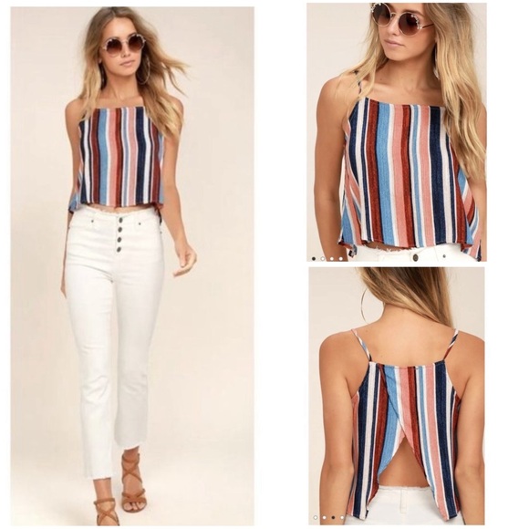 Lulus Beyond The Sea Peach Multicolor Striped Open Back Crop Top Small - Picture 1 of 6